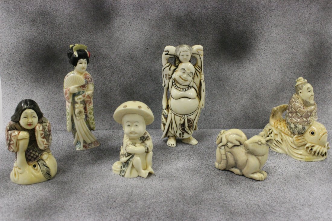 6 ivory carved netsuke: 6 ivory carved netsuke, 1.2"H, 1.9"H, 2"H, 2.1"H, 3"H(2)