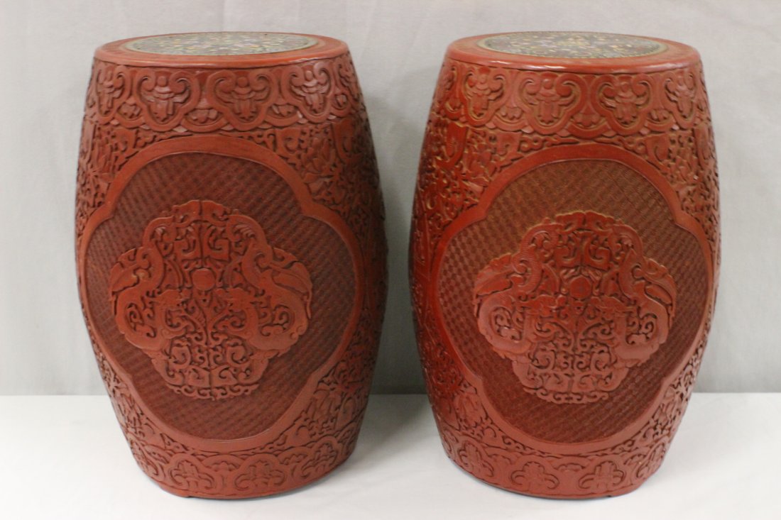 Pair cinnabar stools with cloisonné top: Pair cinnabar stools with cloisonné top, 18.7"Hx12"dia each