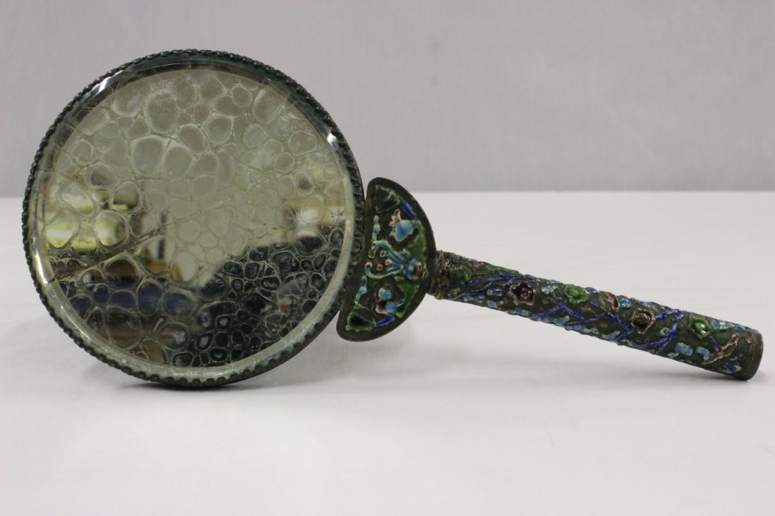 Vintage Chinese mirror w/enamel decoration: Vintage Chinese hand mirror with enamel decoration, 9.5"x4.25"x0.6"