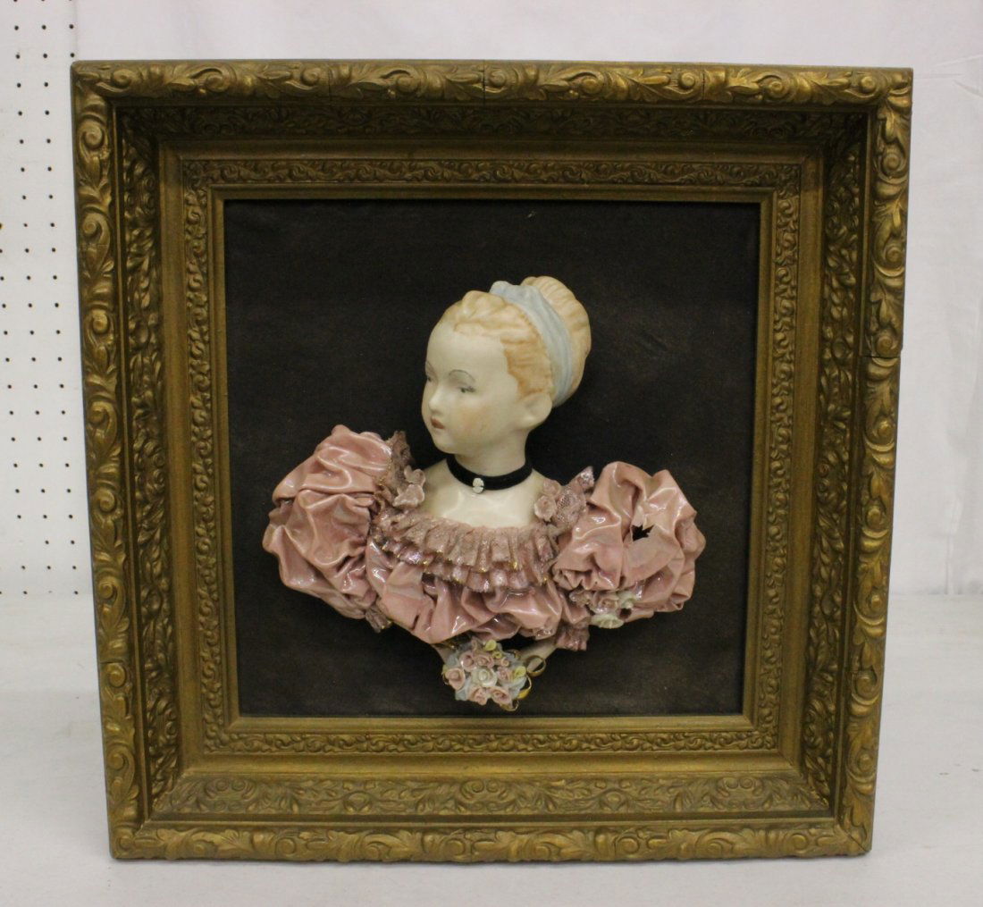 Framed Capodimonte style porcelain plaque: Framed (15.5"x15.5"x2.5") Capodimonte style porcelain plaque (8.75"H) in lady's portrait motif (chips)
