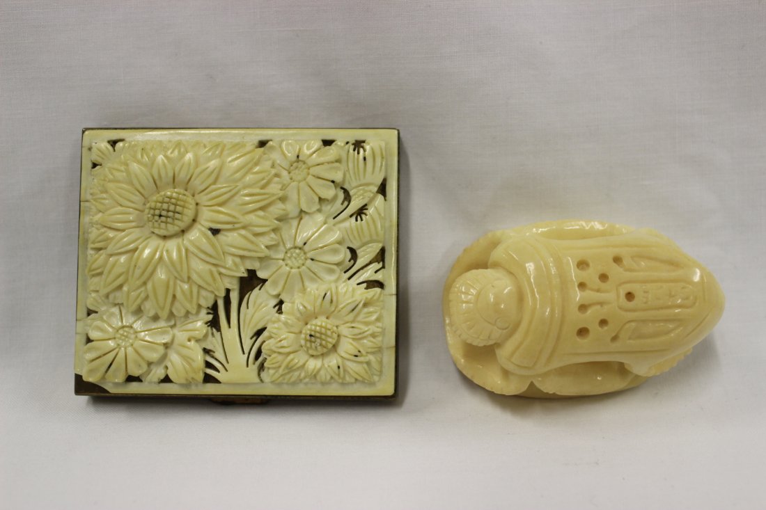 Ivory carved bug & a compact w/ivory cover: Ivory carved bug (2"x1.4"x0.75"), and a dressing compact (2.1"x2.5"x0.5") with ivory carved flower cover (inside mirror missing, covered ivory corner chip)