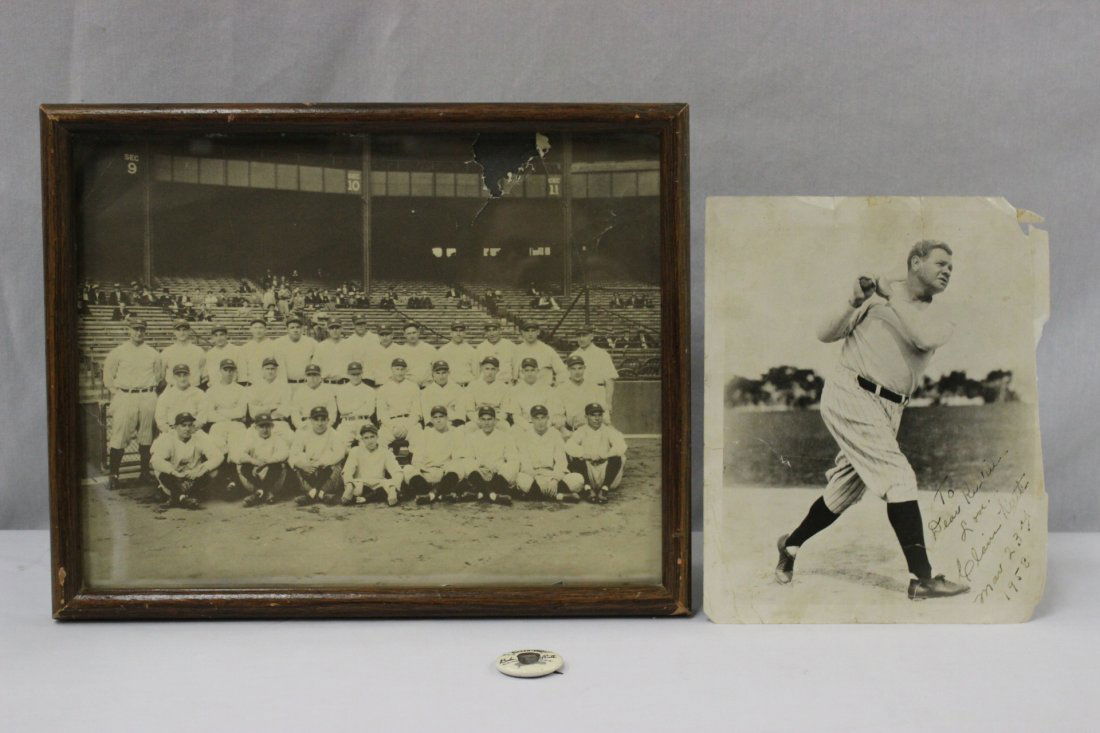 3 misc. items of Babe Ruth: An old photo (10"x8.1") of Babe Ruth (gift from Clair Ruth dated 1958), an old Yankee team photo (11"x14") with Pete Ross in back roll, and a Babe Ruth pin (1.5"dia)