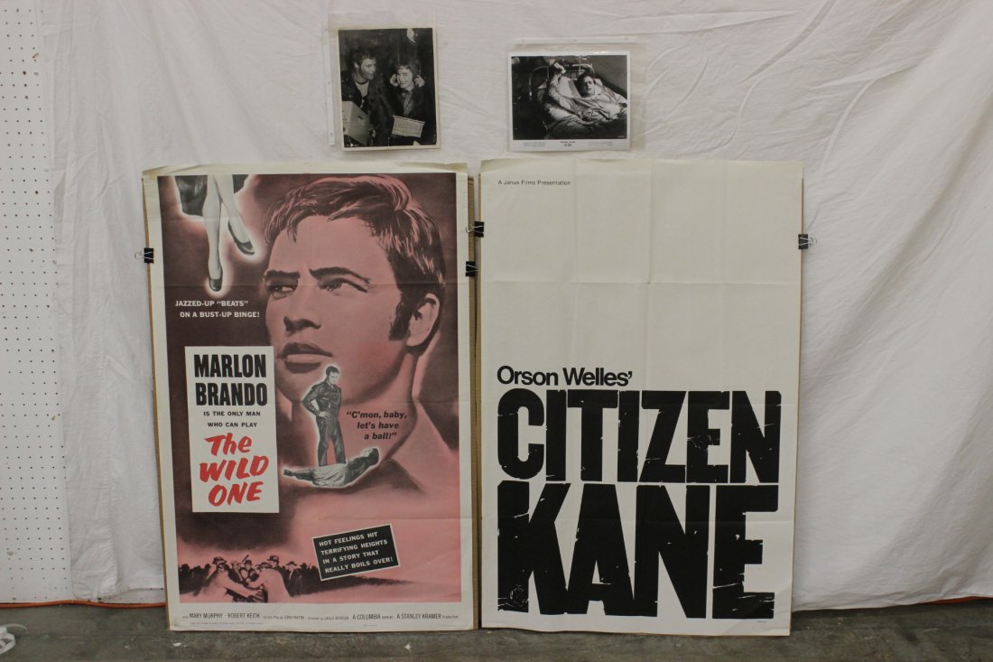 2 movie posters with 2 movie still photos: 2 movie posters (41"x27" each) "citizen Kane" and "the wild one" with 2 movie still photos (10"x8.1" each)