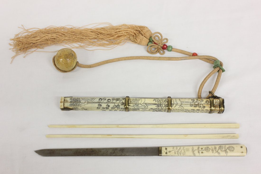 Chinese/Japanese traveling set: Chinese/Japanese traveling set (12.6"L), the knife handle and case engraved with flowers and landscape (the case and knife handle does not test ivory), bone carved chopsticks, and an ivory ball (1.25"