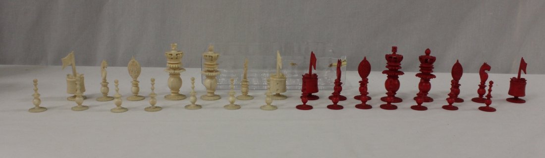 Chinese ivory chess set: Chinese ivory (1.6"H - 3"H) chess set (missing 3 pieces, chip on some pieces)