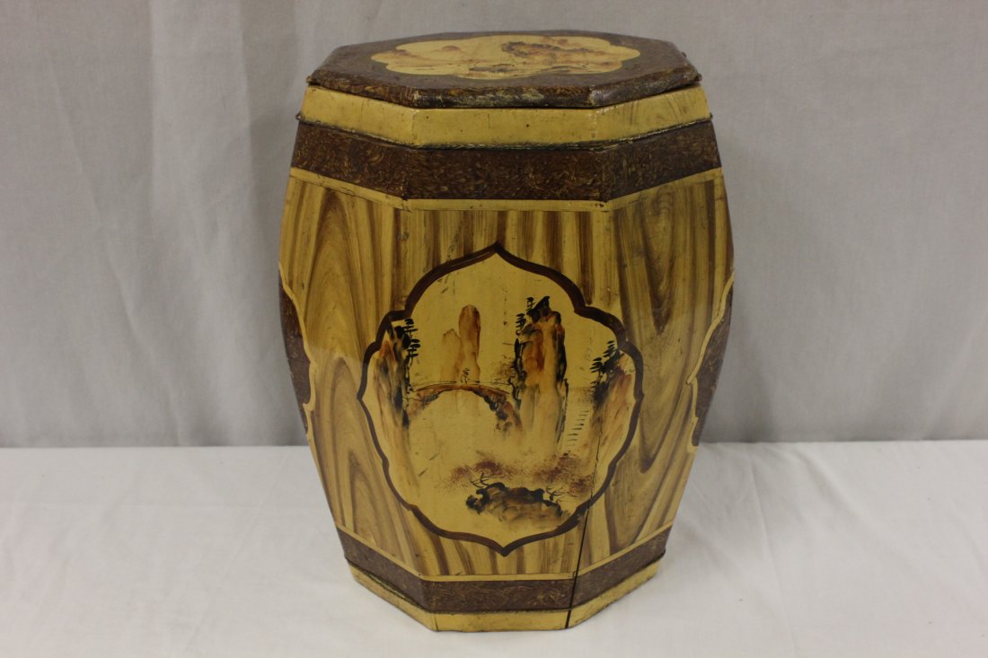 Chinese painted wood stool/storage barrel: Chinese painted wood stool/storage barrel decorated with landscape and flowers, 17.3"Hx14.25"dia