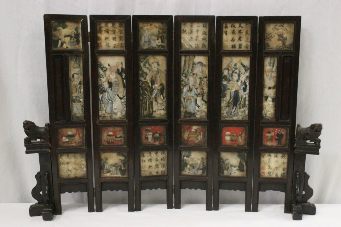 Chinese antique table screen with marble inset: Chinese antique 6-panel table screen with marble inset, painted with fairy tale scenes and calligraphy (minor repair), 25.6"Hx37.4"x4.8"