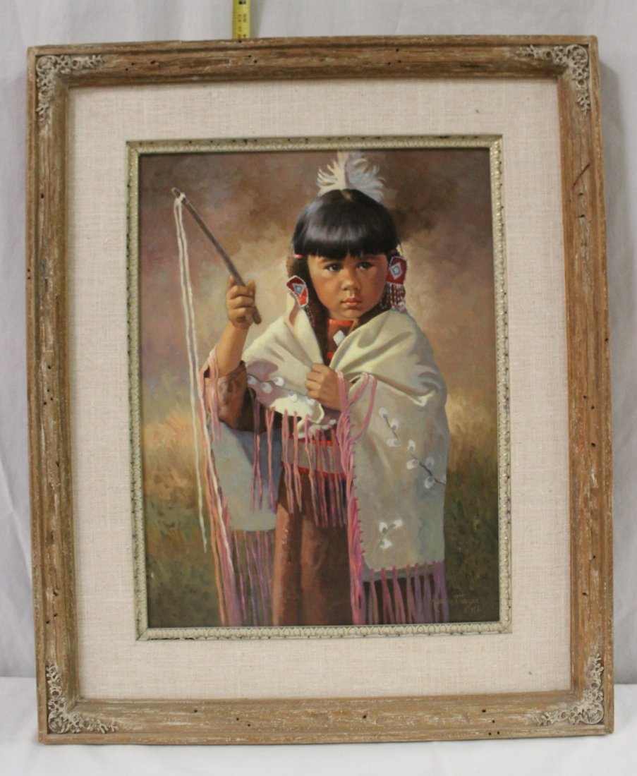 Oil on canvas by Karen Thayer: Oil on canvas "portrait of American Indian girl" by American artist Karen Thayer, 23.4"x17.4"