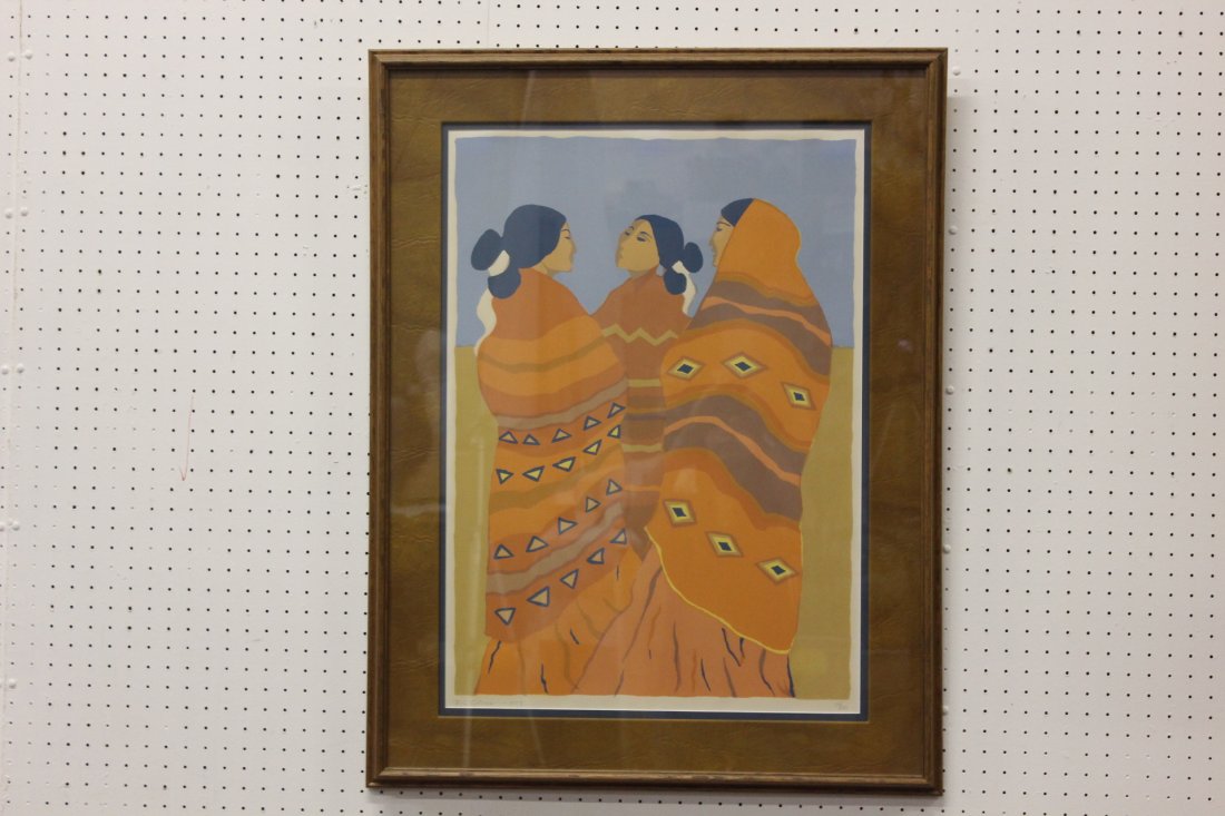 Pencil signed lithograph by R.C. Gorman: Pencil signed lithograph by R.C. Gorman "3 women wrapped with blanket", dated 1977, edition 56/120, 28.7"x20.5"