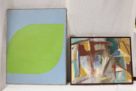 2 abstract oil paintings, one by Oli sihvonen: 2 abstract oil paintings, one with blue background "Green Pear" signed Sihvonen on lower left by Oli Sihvone (30"x24"), one signed lower right, signature unrecognizable (18"x24")