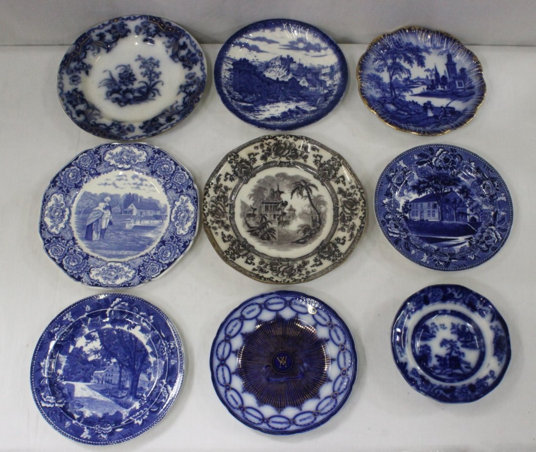 9 antique flow blue plates: 9 antique flow blue plates (7.9dia - 10.6"dia)