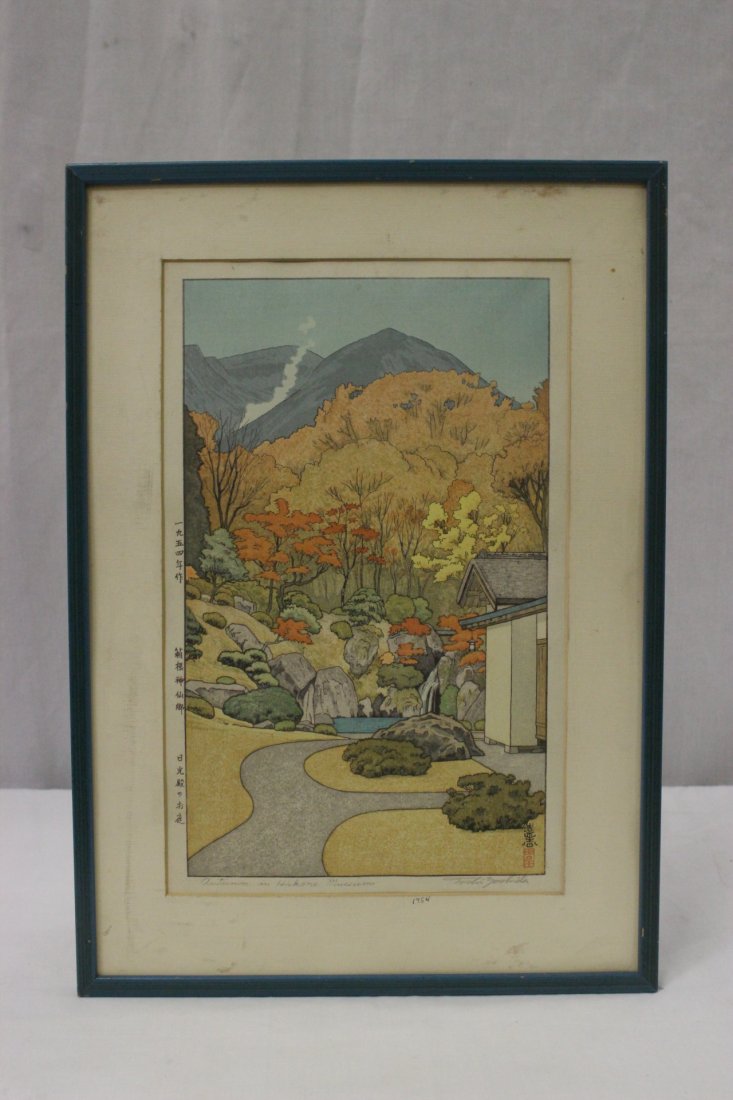 Japanese woodblock print, c1954 by Toshi Yoshida: Japanese contemporary woodblock print "autumn in Hakone museum", c1954 by Toshi Yoshida, 15.5"Hx9.75"
