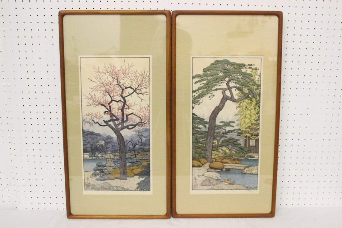 2 Japanese woodblock prints by Toshi Yoshida: 2 framed Japanese woodblock prints by Toshi Yoshida; "pine tree of the friendly garden" and "plum tree of the friendly garden", 20.5"x10.5" each