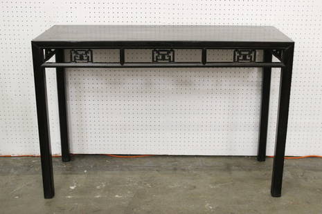 important Chinese antique zitan wood scholar table: A highly important Chinese antique zitan wood scholar table (31.55"Hx47.4"x19"), the side decorated with geometric pattern