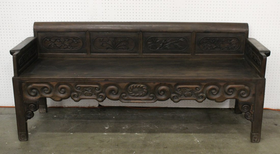 Chinese antique rosewood lohan bed: Chinese antique rosewood lohan bed (31.4"Hx74.25"x23"), the back panel carved with flowers in 4-seasons in relief