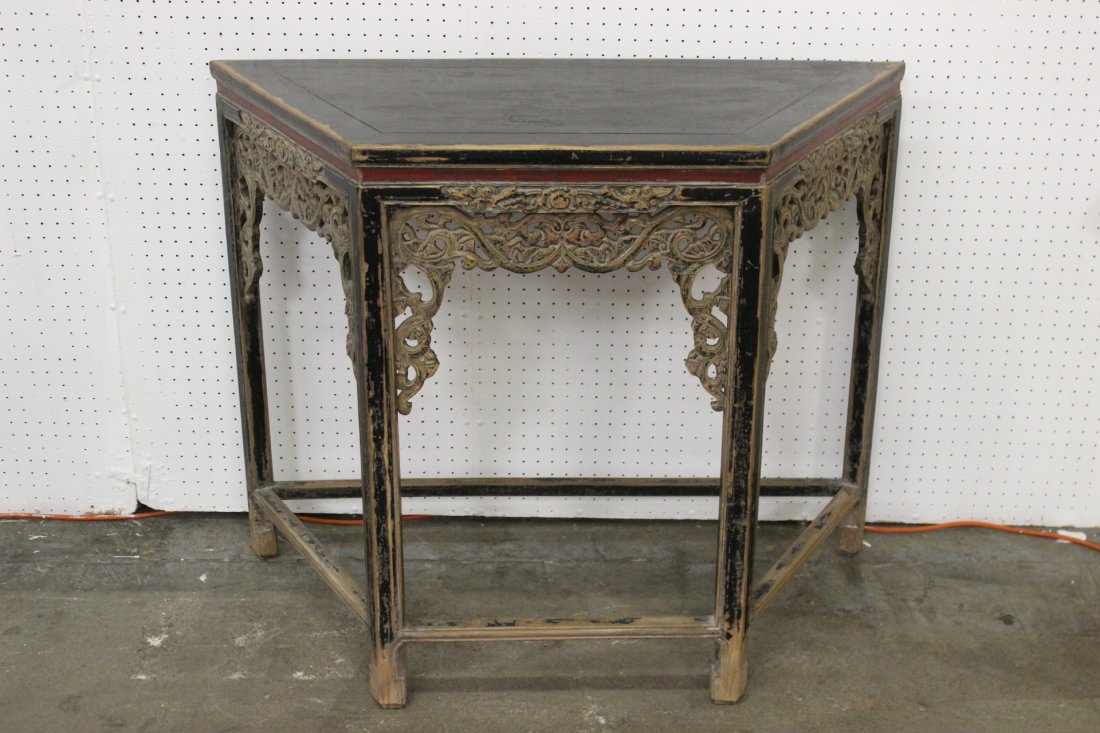 Antique Chinese painted wood altar table: Antique Chinese painted wood altar table (34.85"Hx42.5"x18.5") with fine carving on side panel (paint worn)