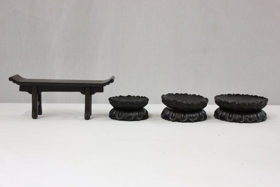 3 possible zitan wood stands & a miniature table: 3 possible zitan wood stands (1.8"Hx3.6"dia, 1.95"Hx4.25"dia, 1.95"Hx5"dia) and a rosewood miniature altar table (3.7"Hx9.15"x2.55"