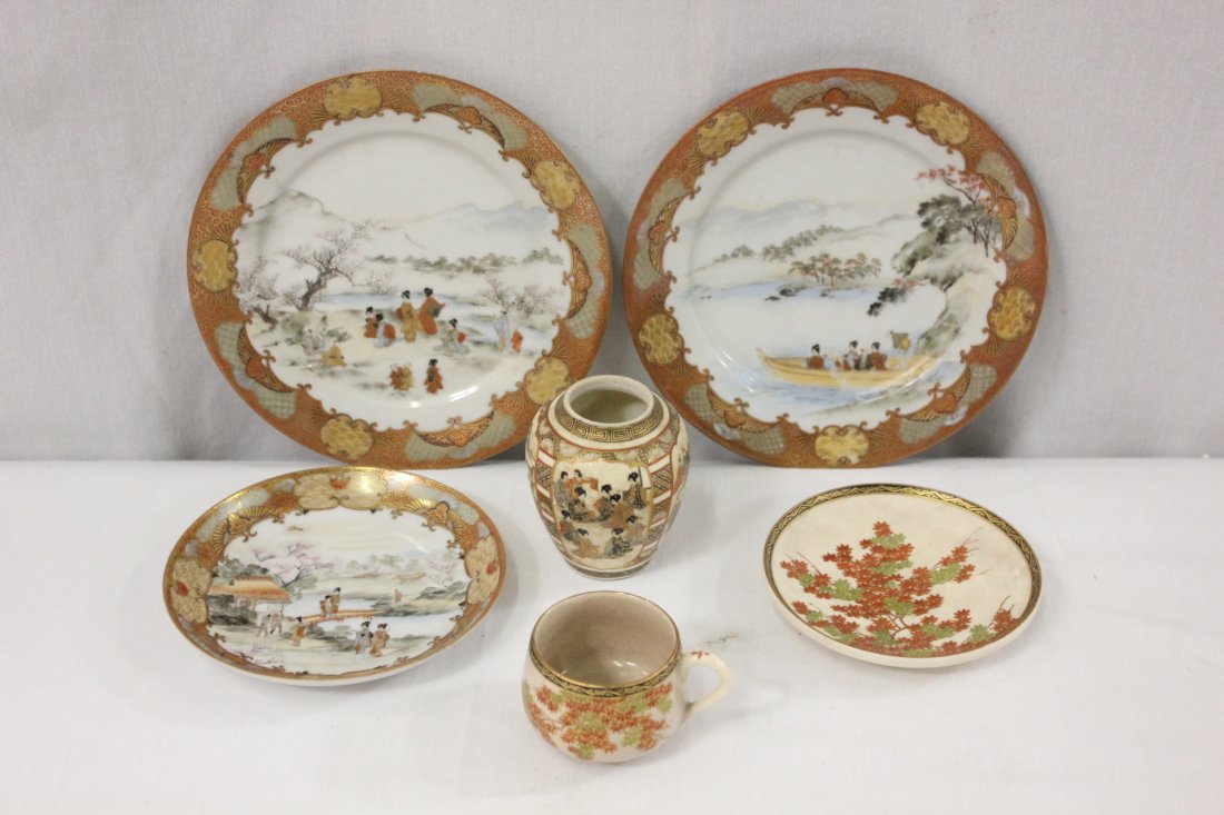 Lot of Satsuma and Kutani pieces: Antique Japanese Satsuma vase (3.15"Hx2.6"dia), panel painted with samurai scenes, Satsuma cup (1.85"Hx3.1"x2.4") and saucer (0.75"Hx4.55"dia), and 3pc antique Kutani plates (0.8"Hx5.5"dia, 1.05"Hx7.4