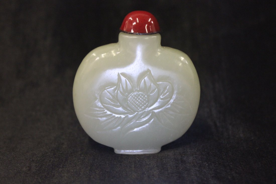Chinese celadon jade carved snuff bottle: Chinese celadon jade carved snuff bottle, 2.25"H