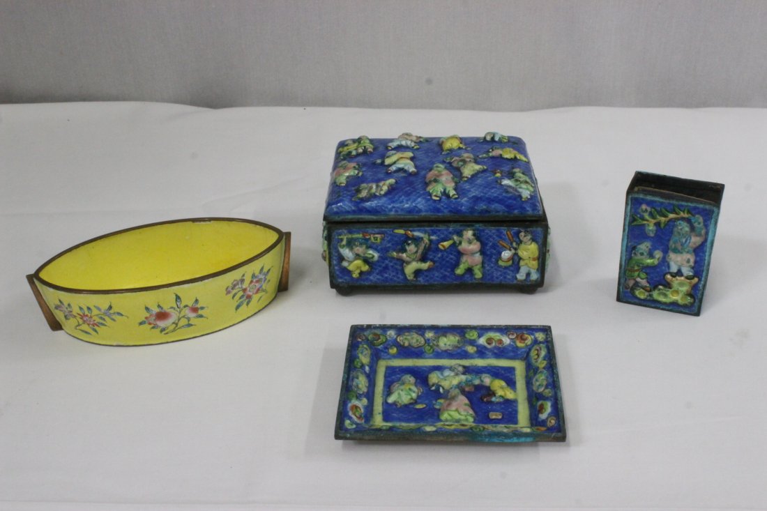 4 Chinese enamel on copper pieces: 4 Chinese enamel on copper pieces; a box (2.25"Hx4.25"x3.5"), small tray (0.5"Hx3.5"x2.85"), a match saver (1"Hx2.4"x1.55") and an oval bowl (1.25"Hx4.85"x2.45")