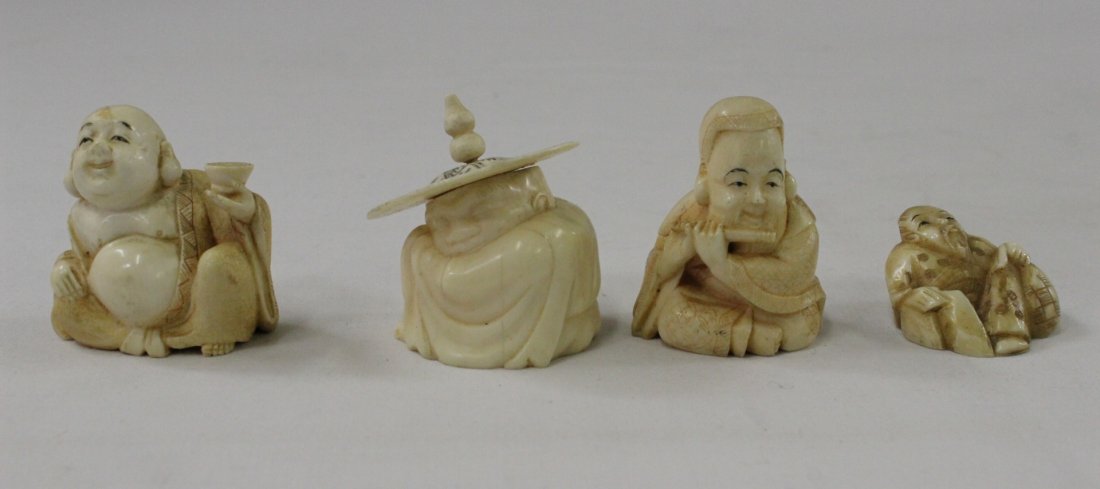 4 Japanese ivory carved netsuke: 4 Japanese ivory carved netsuke, 1.5"H, 2"H (2), 2.2"H