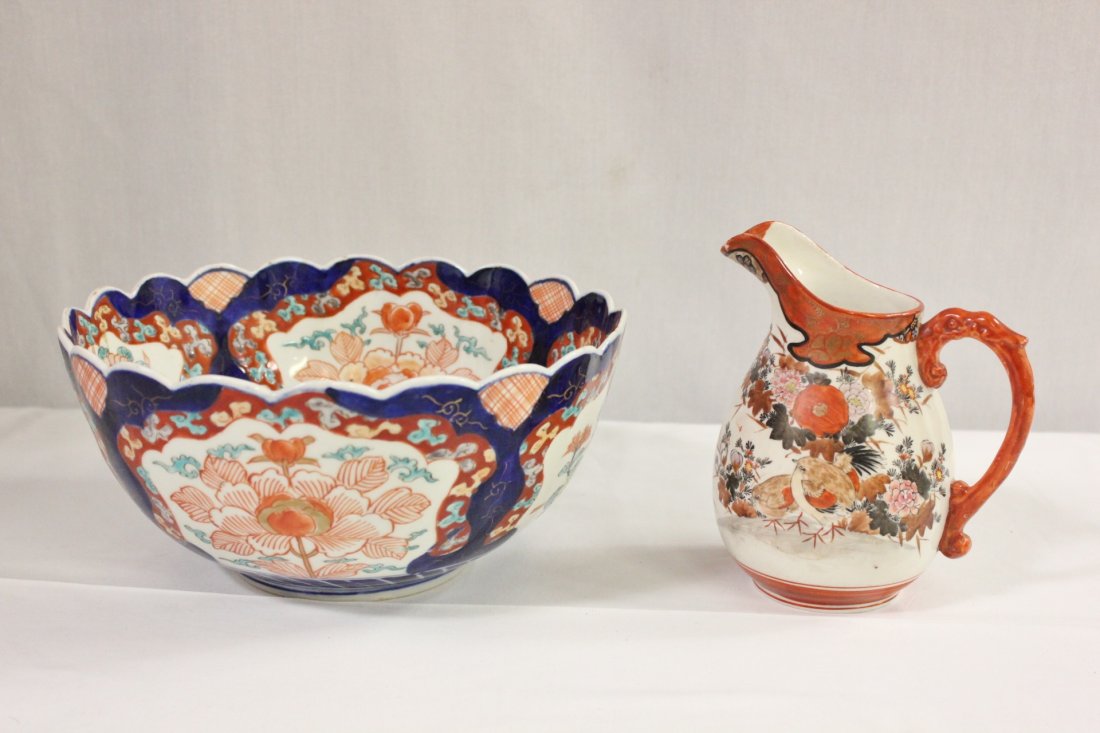 Antique Japanese Imari bowl, & Kutani pitcher: Antique Japanese Imari bowl (4.7"Hx9.7"dia) (minor chip), and antique Kutani pitcher (6.2"Hx5.25"x3.8")