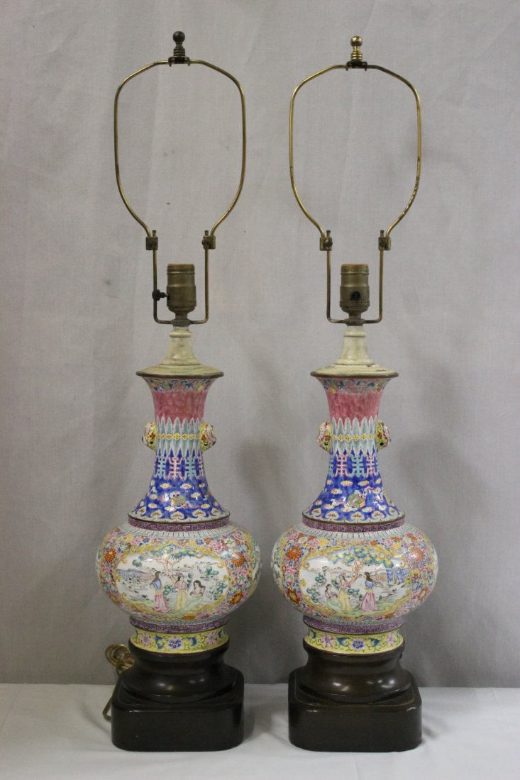 Pr Chinese antique export vases made as lamps: Pair important Chinese antique export enamel on copper vases (12"H each) made as lamps (31.75"Hx7.25"dia each), the center of the vases panels painted with foreigners in flower gardens filled with flo