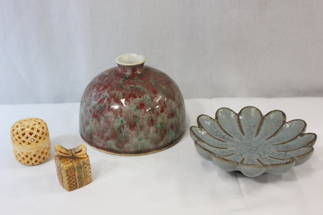 4 misc. items: 2 bone carved boxes (2.8"H, 1.9"H), a copper red porcelain water dripper (3.8"Hx5.6"dia) and a Song style porcelain bowl (1.5"Hx5.65"dia)
