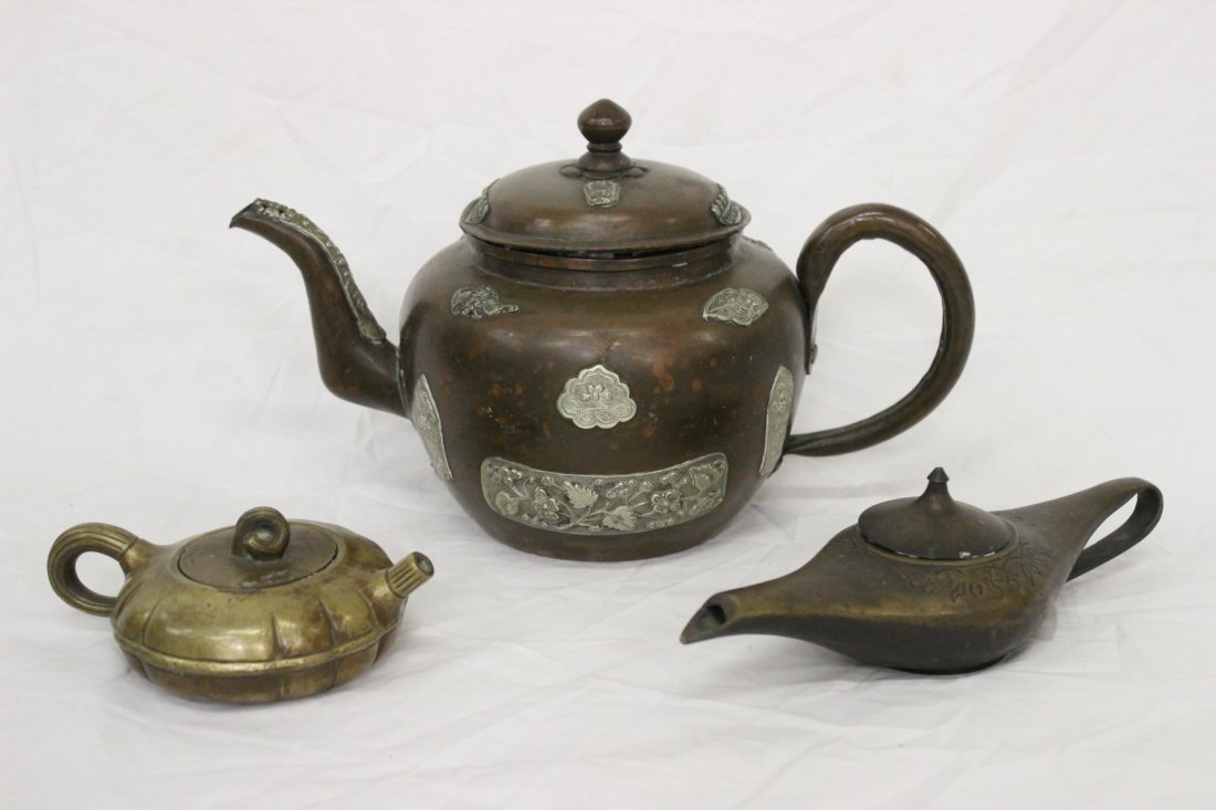3 Chinese bronze/copper teapots: 3 Chinese bronze/copper teapots, 2"H, 2.3"H, 6.25"H