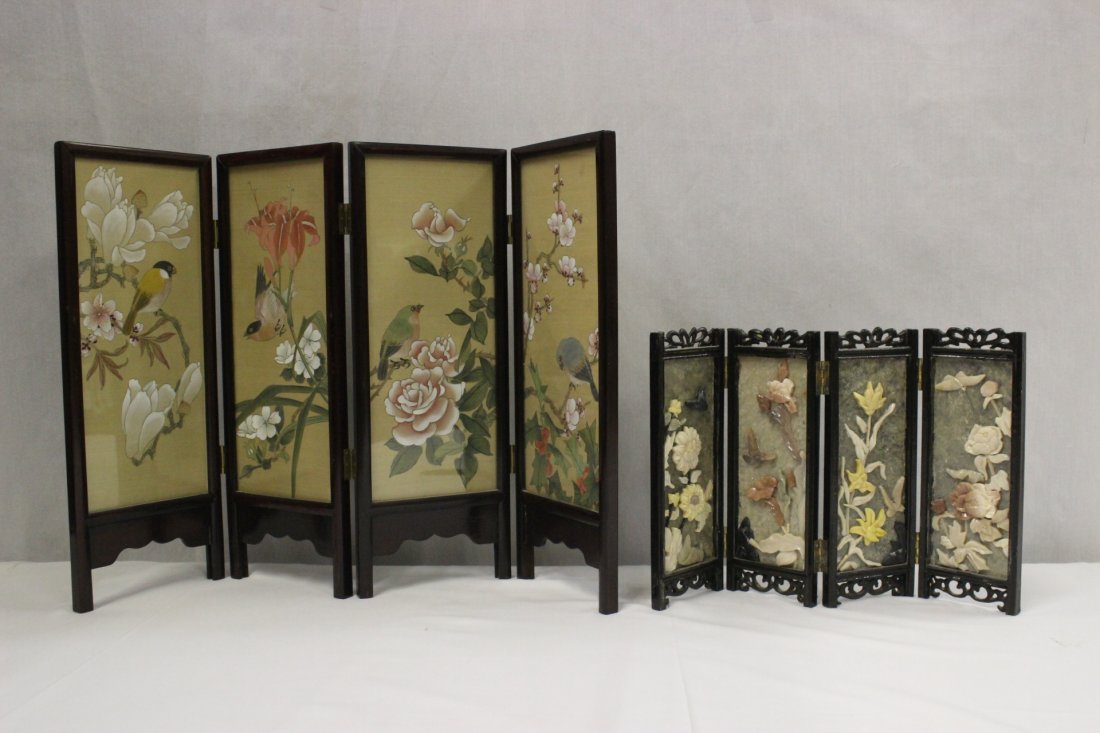 2 Chinese rosewood framed table screens: 2 Chinese rosewood framed table screens; one with hard stone overlay to depicting flowers (8.7"Hx13.55"x0.35"), one with watercolor to depicting landscape, flowers and birds (14.7"Hx22"x0.5")