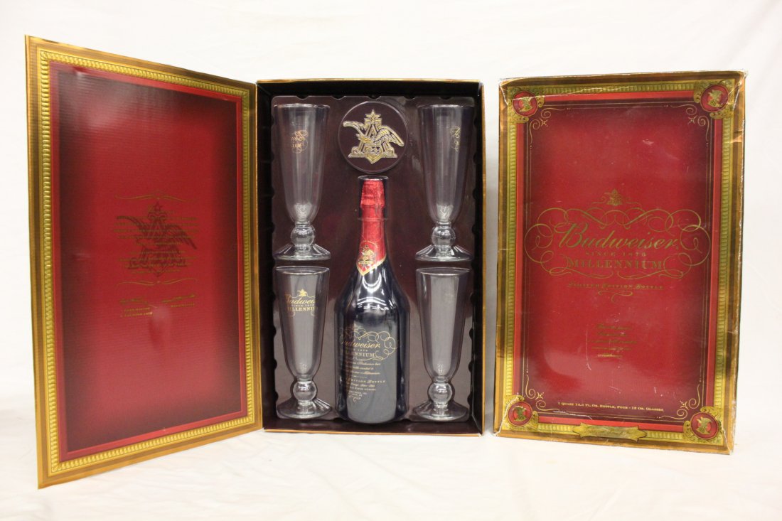 A limited ed Budweiser bottle & 4 goblet set: A limited edition Budweiser bottle and 4 goblet set