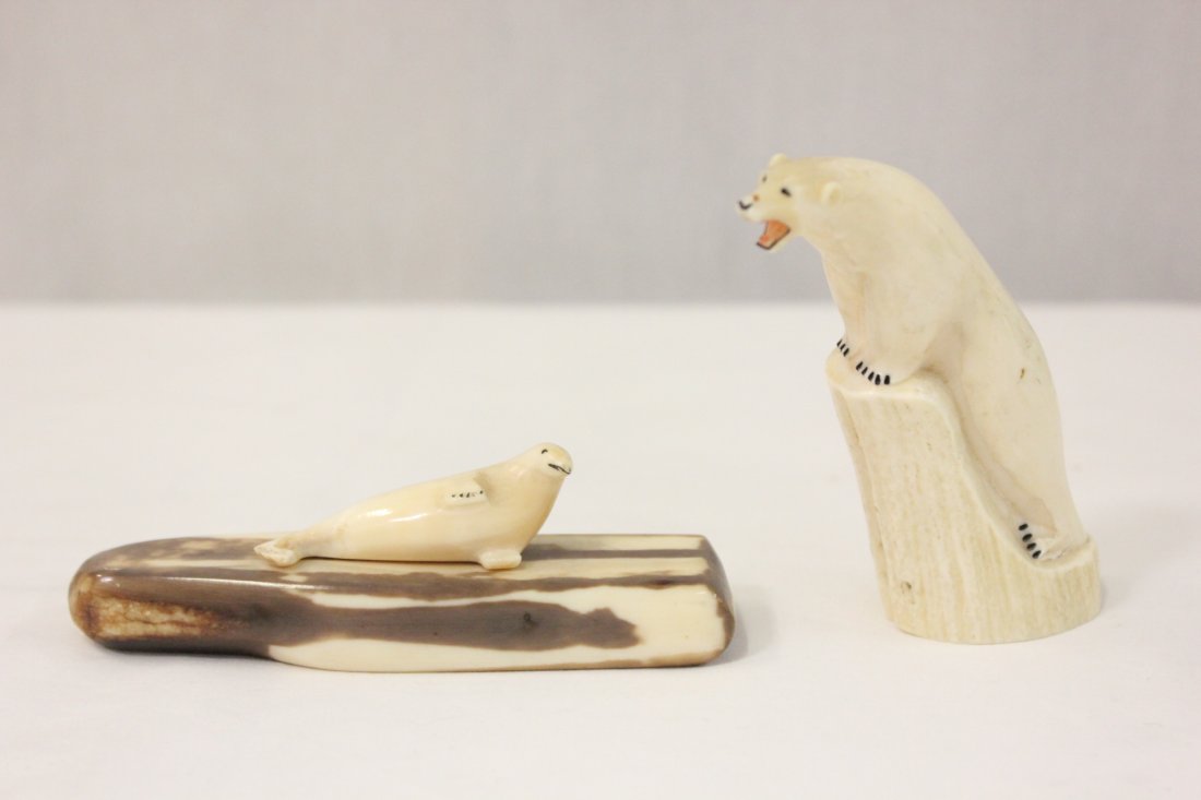 2 walrus ivory carvings depicting polar bear: 2 walrus ivory carvings depicting polar bear, 4"L, 3.2"H