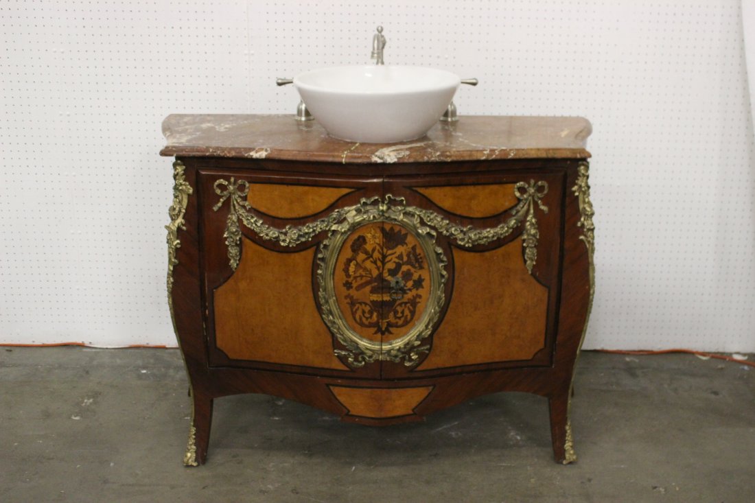 French style mixed wood marble top commode: A rare French style mixed wood marble top commode with inlaid and bronze ormolu, convert to sink (top marble repair), 45"Hx48.5"x21.5"