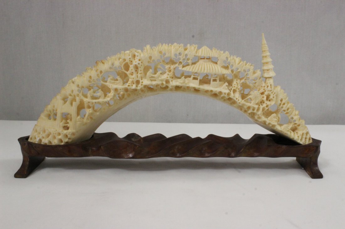 Chinese ivory carved bridge: Chinese ivory carved bridge depicting village scene, approx. 14"L