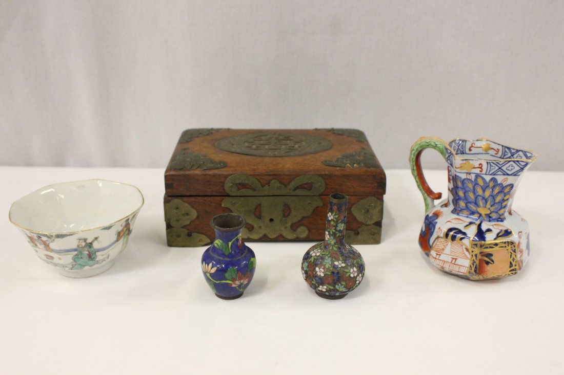 5 misc. items: 5 items; antique Chinese famille rose bowl (1.85"Hx3.6"x3.6"), antique Japanese Imari pitcher (3.5"Hx3.5"x2.75"), Chinese jewelry box (2.5"Hx6.5"x4.35") and 2 miniature cloisonné vases (2.65"H, 2.1"H