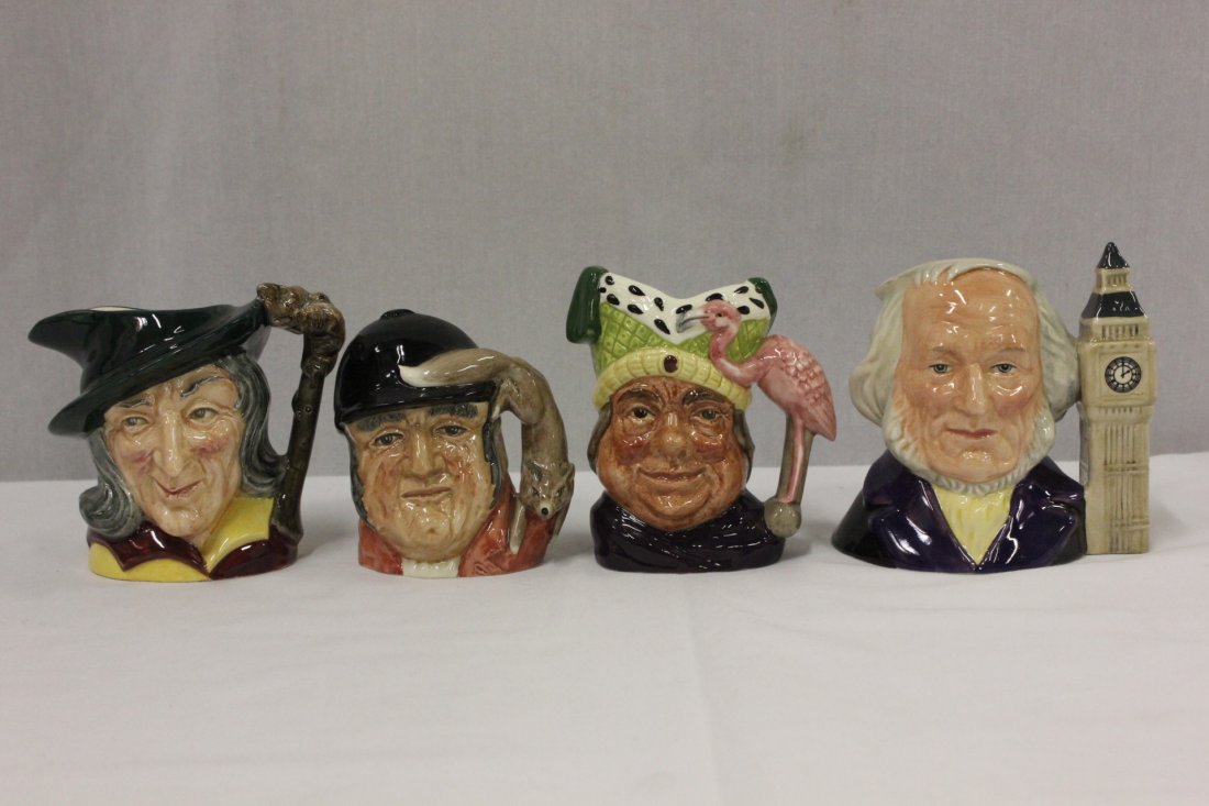 4 small Royal Doulton character mugs: 4 small Royal Doulton character mugs; "Gone Away" (3.7"H), "Ugly Duchess" (4.2"H), "Pied Piper" (4.1"H), and "John Doulton" (4.5"H)