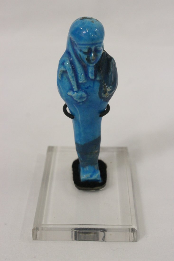 Egyptian Faience Ushabti, 1st-5th century BC: Egyptian bright blue Faience Ushabti, 1st-5th century BC (left hand and bottom repair), 3.85"H