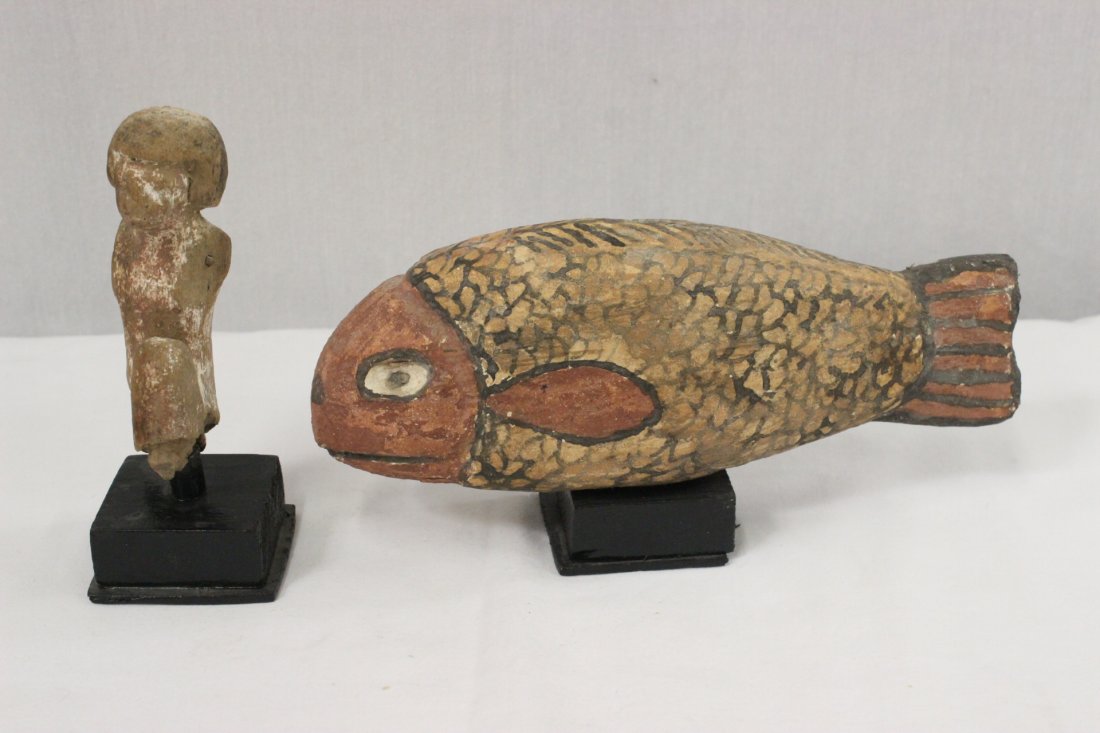 2 ancient Egyptian(?) wood carvings: 2 ancient Egyptian(?) wood carvings, one figure (4.3"H) and one painted fish (9.35"L)