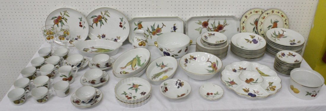 Large set of Royal Worcester china set: Large set of Royal Worcester china in Evesham pattern; including, 4 boullion cups (2.2" x 4"), 4 saucers (6.5"), 1 water cup (3.1 x 3.5"), 11 coffee cups (2.7 x 3.2"), 10 saucers (6"), 2 wine glass (7