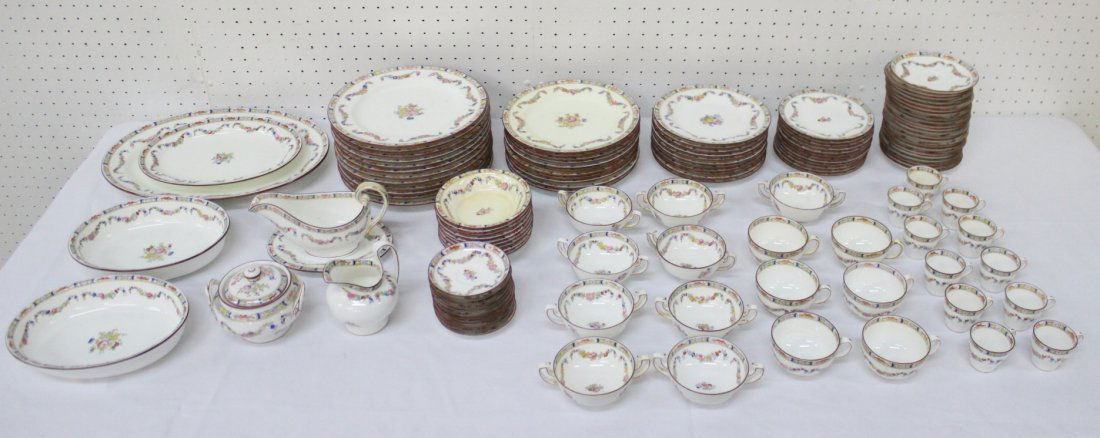 A rare antique Minton china set in A4807 pattern: A rare antique Minton china set in A4807 pattern; including 11 demi cups and 12 saucers, 9 bouillon cup and saucers, 6 tea cups and saucers, 7 extra saucers, 9 soup bowls, 12 bread and butter plates,