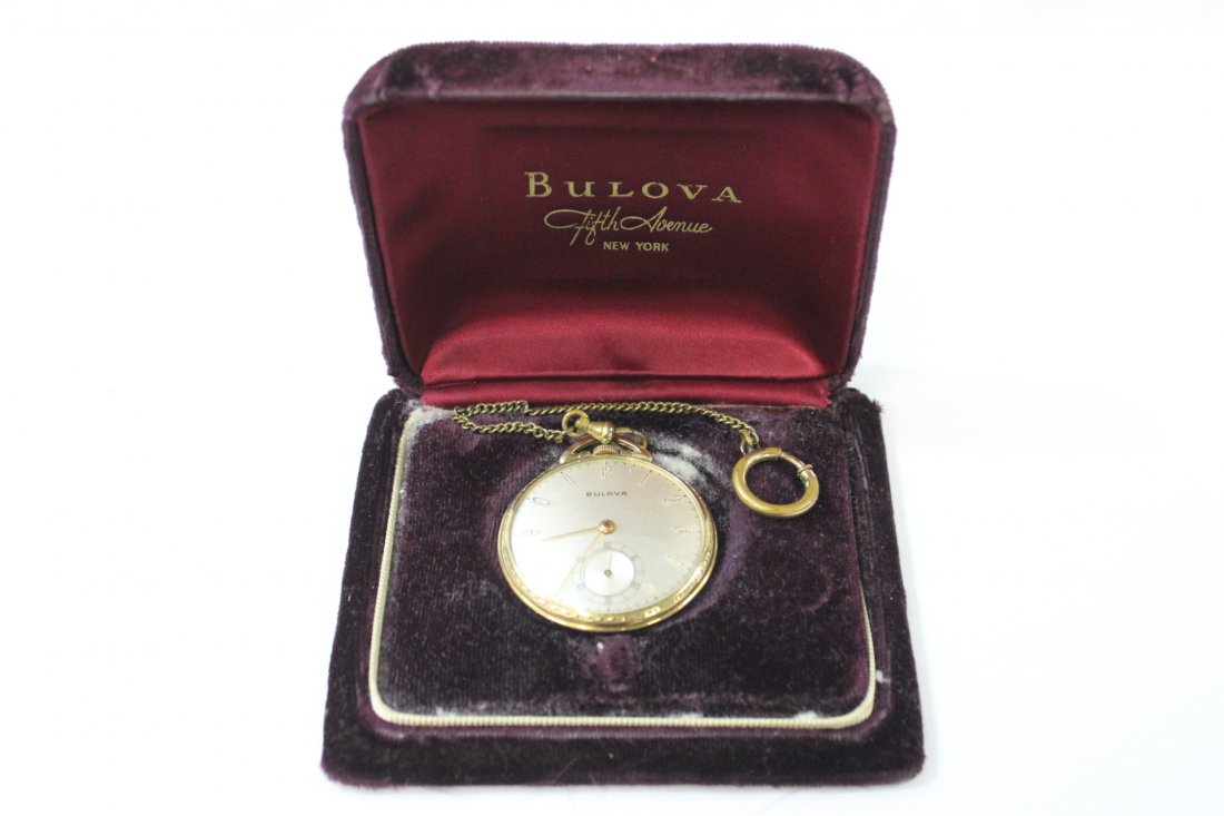 Man's Bulova pocket watch in original box: Man's Bulova pocket watch (1.7"dia) with fob in original presentation box