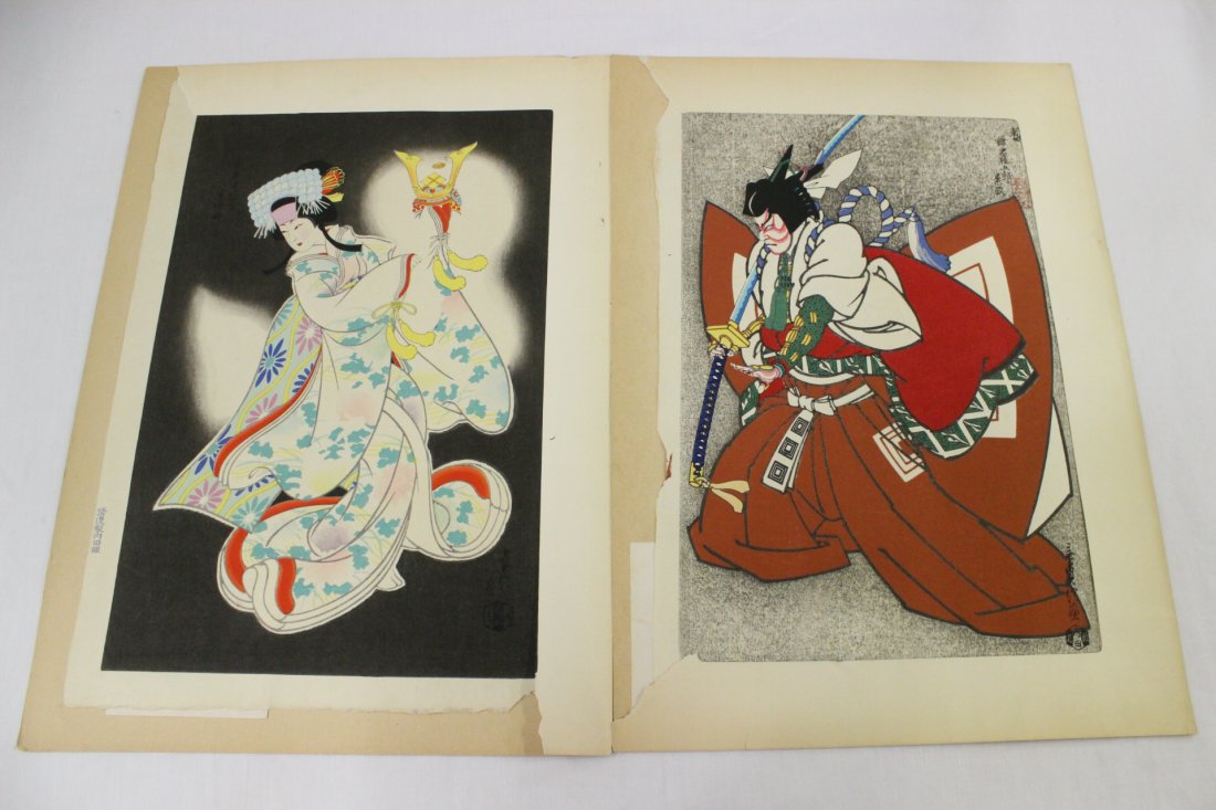 2 Japanese w/b prints by Sandanobu Hasegawa III: 2 Japanese woodblock prints "Shibaraku" and "Honcho Nijushiko" by Sandanobu Hasegawa III, 15.6"x10.25" each