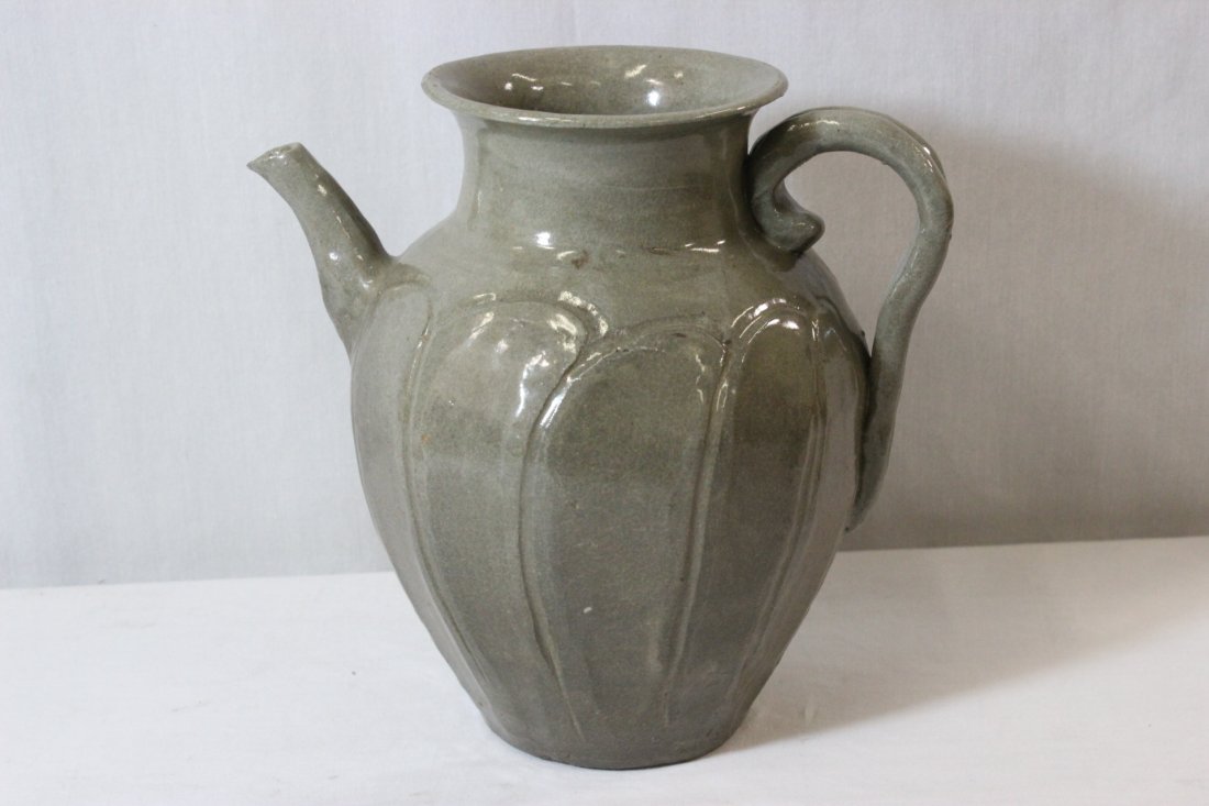 Antique Korean celadon pottery wine jar: Antique Korean celadon pottery wine jar, 9"Hx9.2"x6.4"