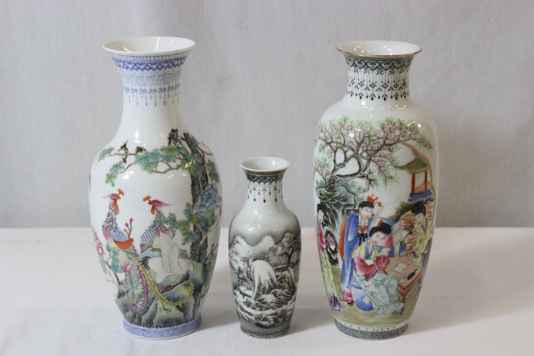 3 Chinese egg shell famille rose porcelain vases: 3 beautiful Chinese egg shell famille rose porcelain vases painted with garden scene and landscape, 5.5"Hx2.2"dia, 8.9"Hx3.4"dia, 9"Hx3.7"dia