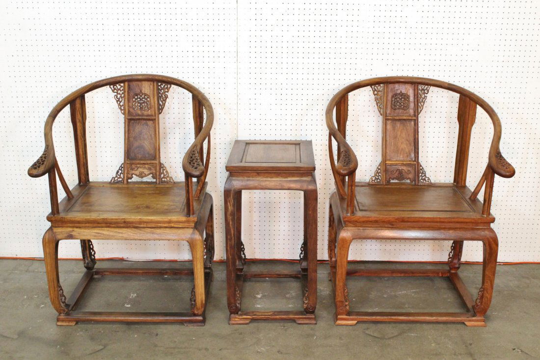 3pc huanghuali wood furniture: 3pc huanghuali wood furniture; including 2 horseshoe armchairs (39.1"Hx30"x25.5" each) and a center tea table (28.7"Hx19"x15")