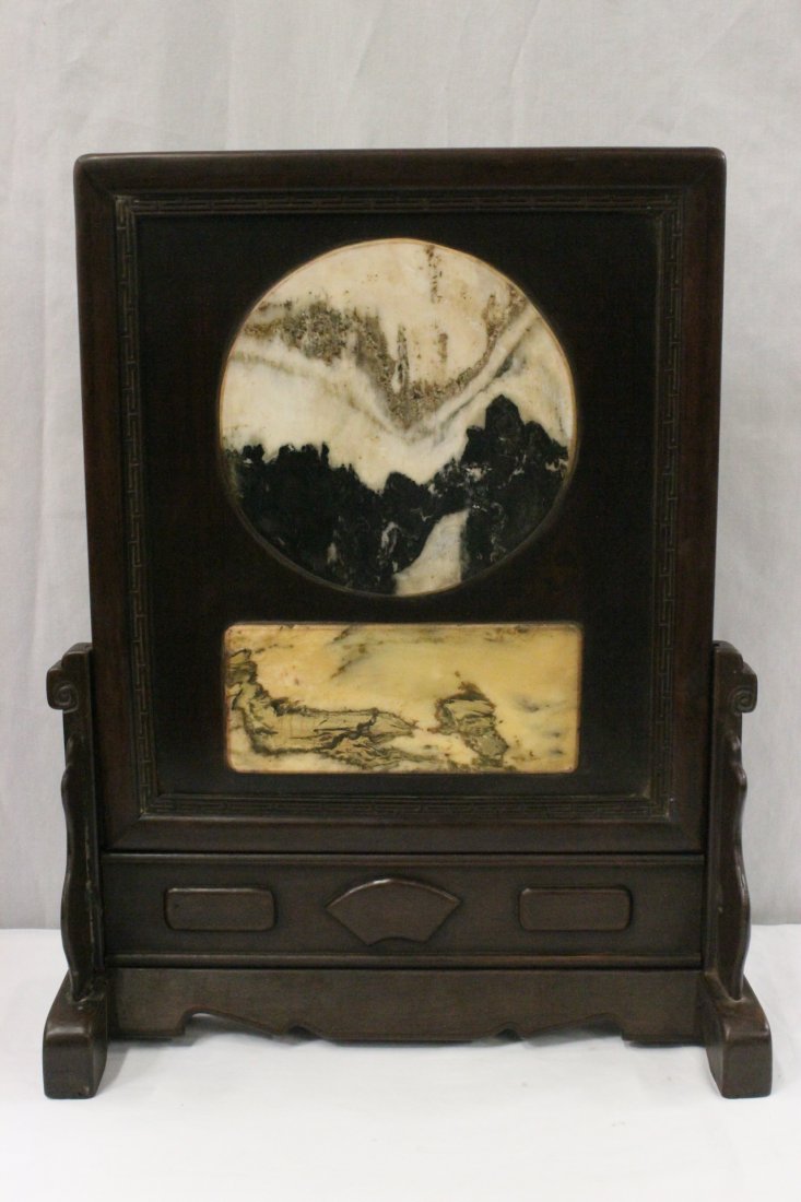 Chinese antique rosewood table screen w/marble inset: Chinese antique rosewood table screen (28.2"Hx22'x8.3") with marble inset (10.85"dia, 11.25"x4.7")