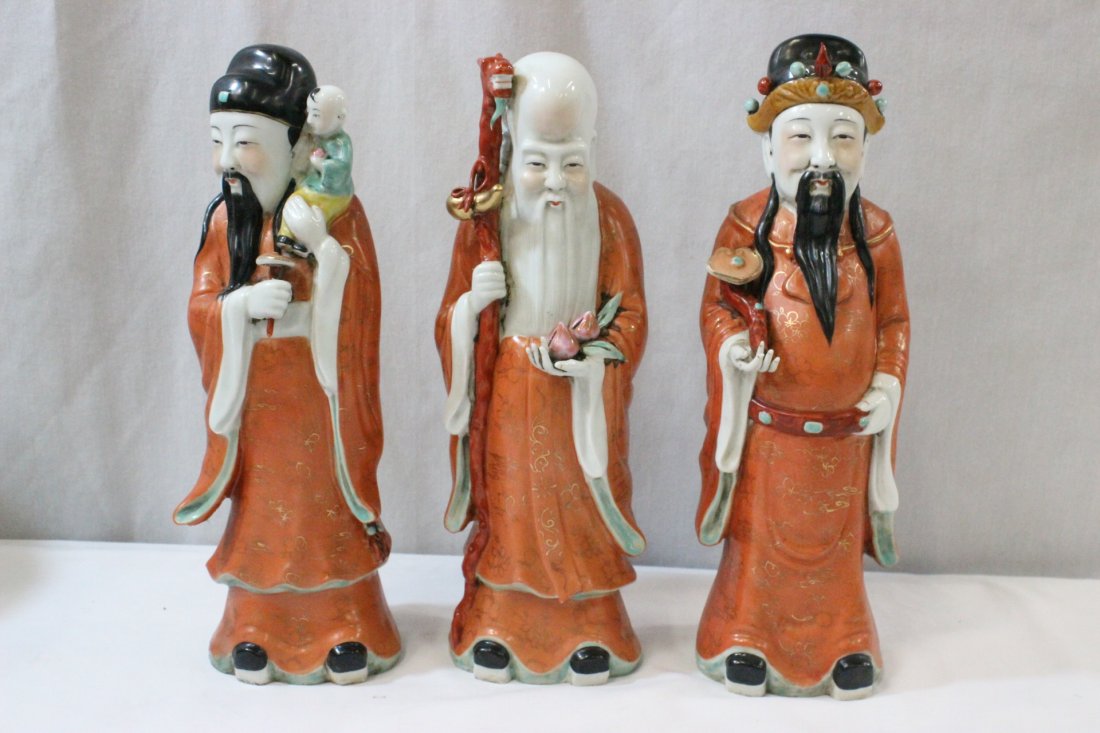 3 Chinese porcelain Daoism gods: 3 Chinese porcelain Daoism gods; longevity (12.3"H), fortune (12.35"H) and prosperity (12.8"H)