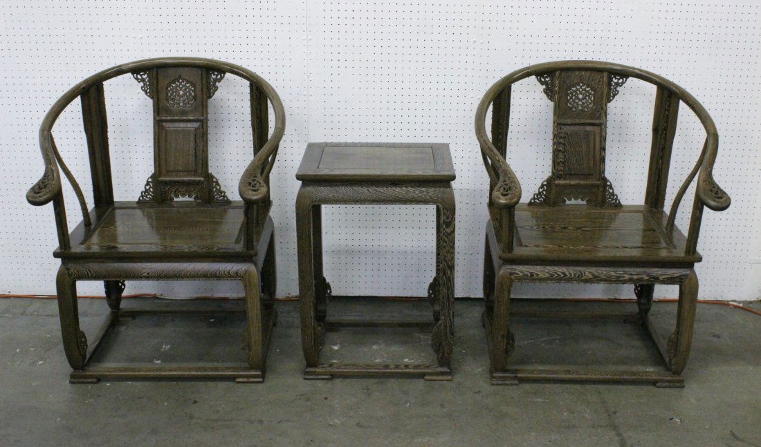 3pc rare jichi wood furniture: 3pc rare jichi wood (雞翅木) furniture; pair horseshoe armchairs (38.5"Hx31"x25.5' each) and a center tea table (27.6"Hx19.2"x15.2")
