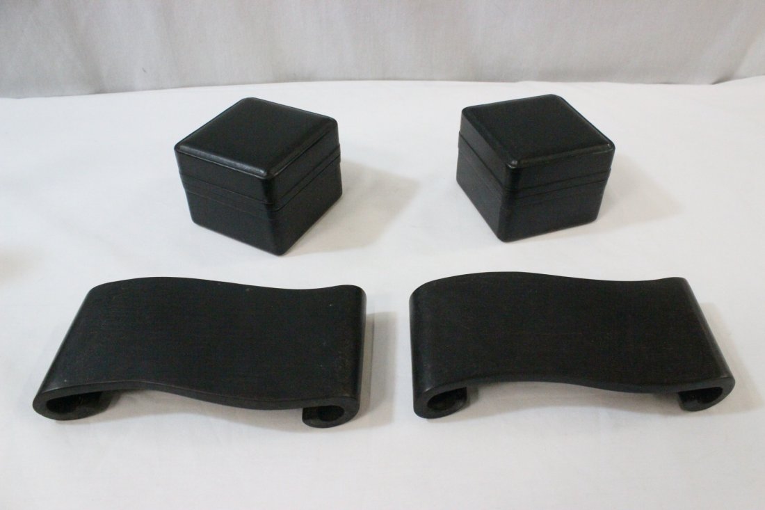 4 zitan wood pieces: Pair zitan wood square boxes (2.8"Hx3.5"x3.5" each) and 2 zitan wood scroll style stands (1.2"Hx7.25"x3.65" each)