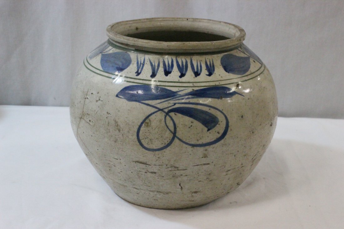 Antique Korean blue and white jar: Antique Korean blue and white jar (firing crack) (8.5"Hx10.5"dia)